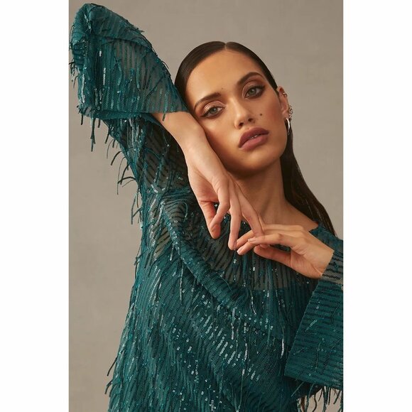 Anthropologie Eva Franco Green Long Sleeve Sequin Fringe Top - Picture 1 of 5